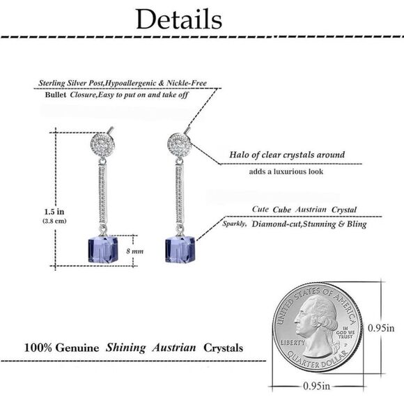 .925 Sterling Silver with Purple Tanzanite Austrian Crystal Dangle Cube Earrings - Picture 6 of 6